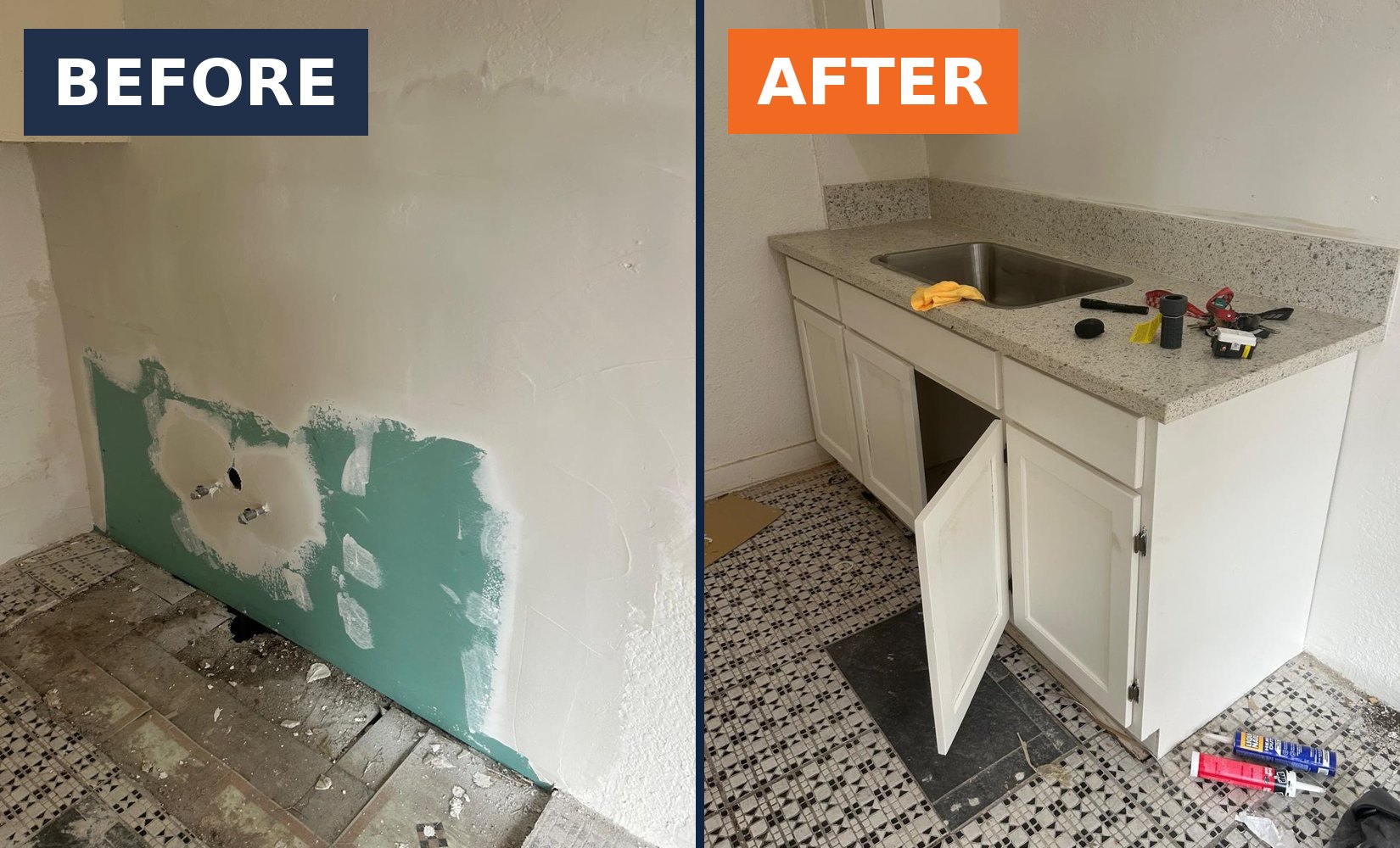Before and after: drywall patch repair and a finished kitchen with new cabinets, stone counter, and sink
